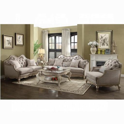 Chelmsford Beige Fabric & Antique Taupe Sofa w/5 Pillows - Furniture Stars (Chicago, IL)