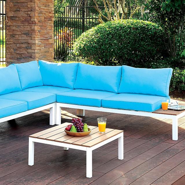 WINONA White/Oak/Blue Patio Sectional w/ Table - Furniture Stars (Chicago, IL)