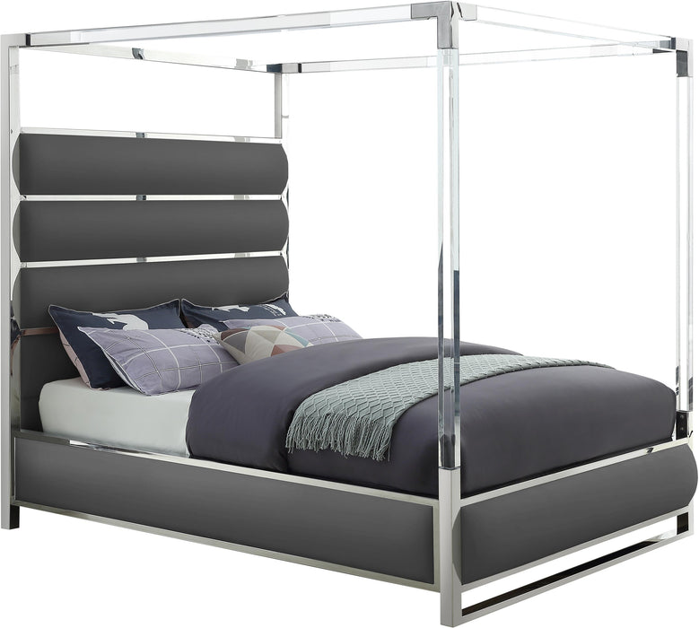Encore Grey Faux Leather Queen Bed (4 Boxes) - Furniture Stars (Chicago, IL)
