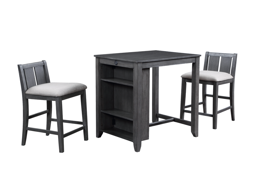 HESTON 36" STORAGE COUNTER TABLE SET W/2 CHAIRS-GRAY - Furniture Stars (Chicago, IL)