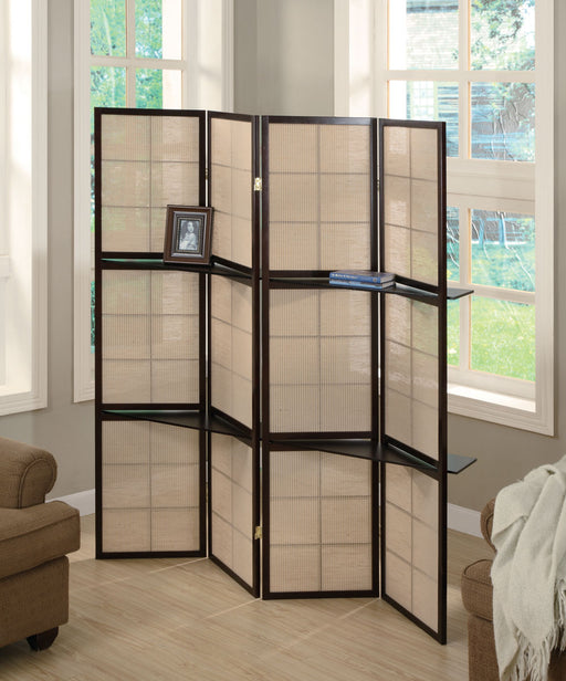 Iggy 4-panel Folding Screen with Removable Shelves Tan and Cappuccino - Furniture Stars (Chicago, IL)