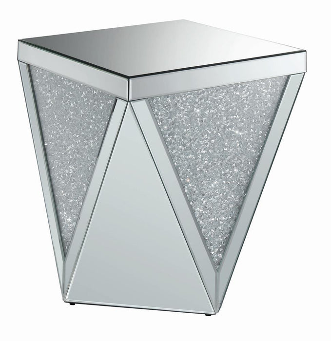 Amore Square End Table with Triangle Detailing Silver and Clear Mirror