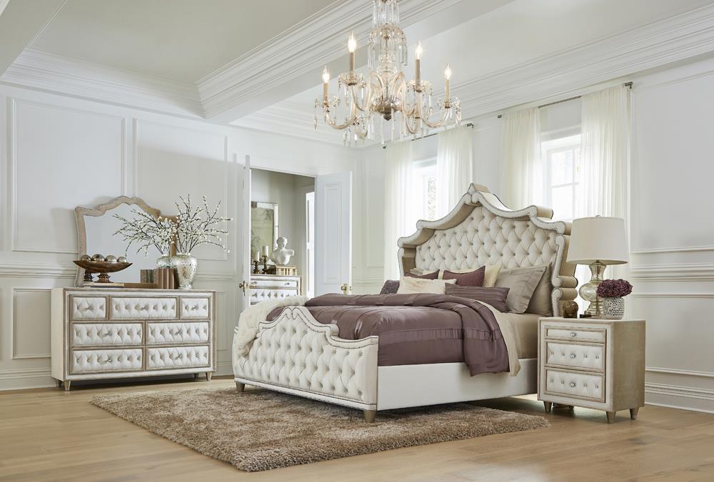 Antonella 5-drawer Upholstered Chest Ivory and Camel - Furniture Stars (Chicago, IL)