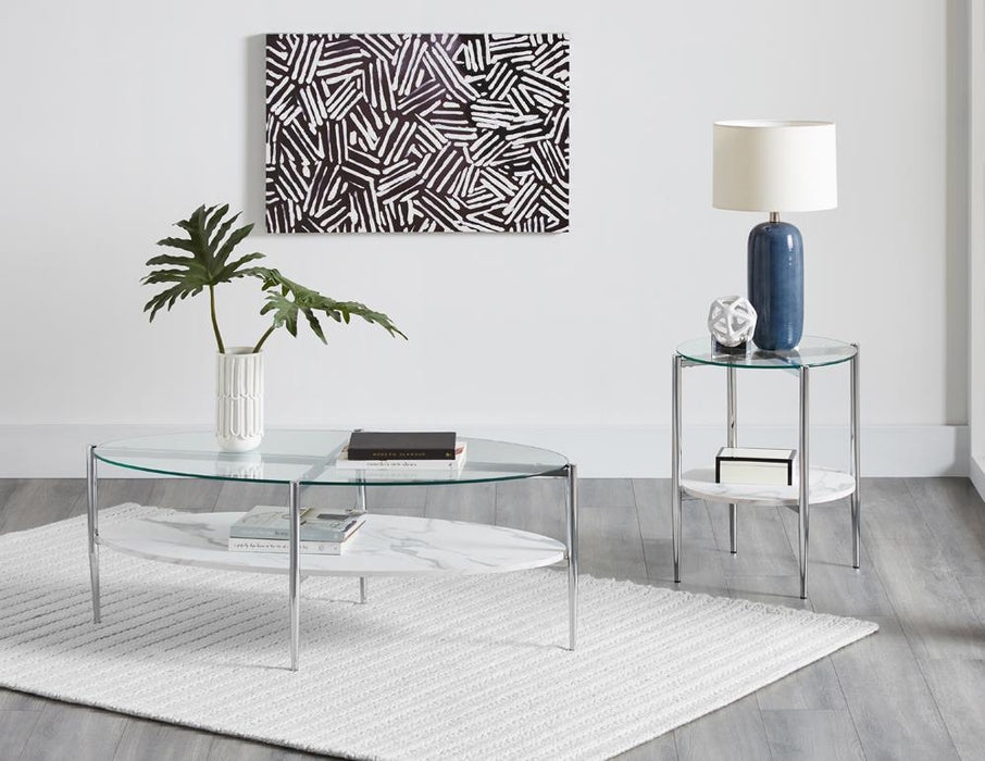 Cadee Round Glass Top Coffee Table White and Chrome - Furniture Stars (Chicago, IL)