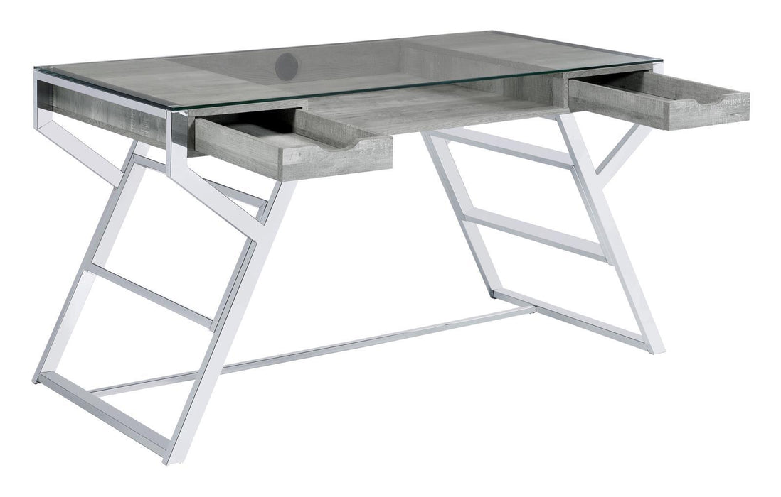 Emelle 2-drawer Glass Top Writing Desk Grey Driftwood and Chrome