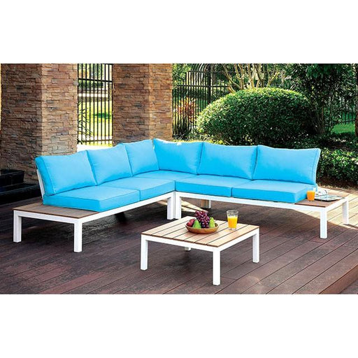 WINONA White/Oak/Blue Patio Sectional w/ Table - Furniture Stars (Chicago, IL)