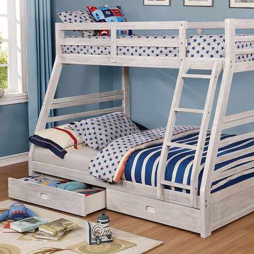 California III Wire-Brushed White Twin/Full Bunk Bed w/ 2 Drawers - Furniture Stars (Chicago, IL)