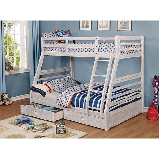 California III Wire-Brushed White Twin/Full Bunk Bed w/ 2 Drawers - Furniture Stars (Chicago, IL)