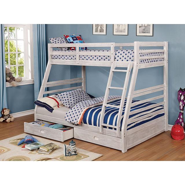 California III Wire-Brushed White Twin/Full Bunk Bed w/ 2 Drawers - Furniture Stars (Chicago, IL)