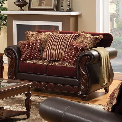Franklin Burgundy/Espresso Love Seat, Burgundy - Furniture Stars (Chicago, IL)
