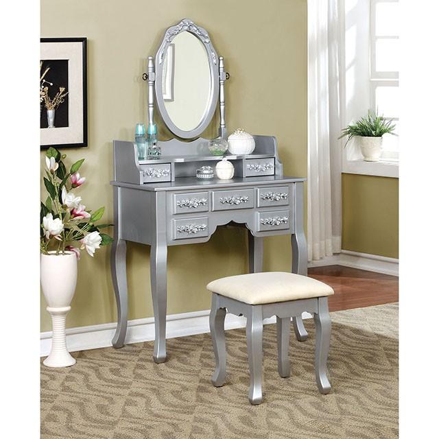 Harriet Silver Vanity w/ Stool - Furniture Stars (Chicago, IL)