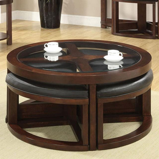 Crystal Cove II Dark Walnut Round Coffee Table w/ 4 Stools - Furniture Stars (Chicago, IL)