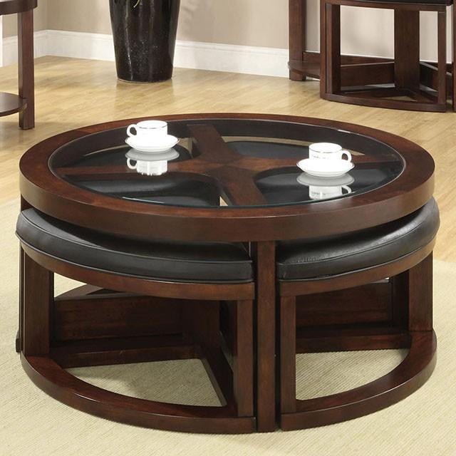 Crystal Cove II Dark Walnut Round Coffee Table w/ 4 Stools - Furniture Stars (Chicago, IL)