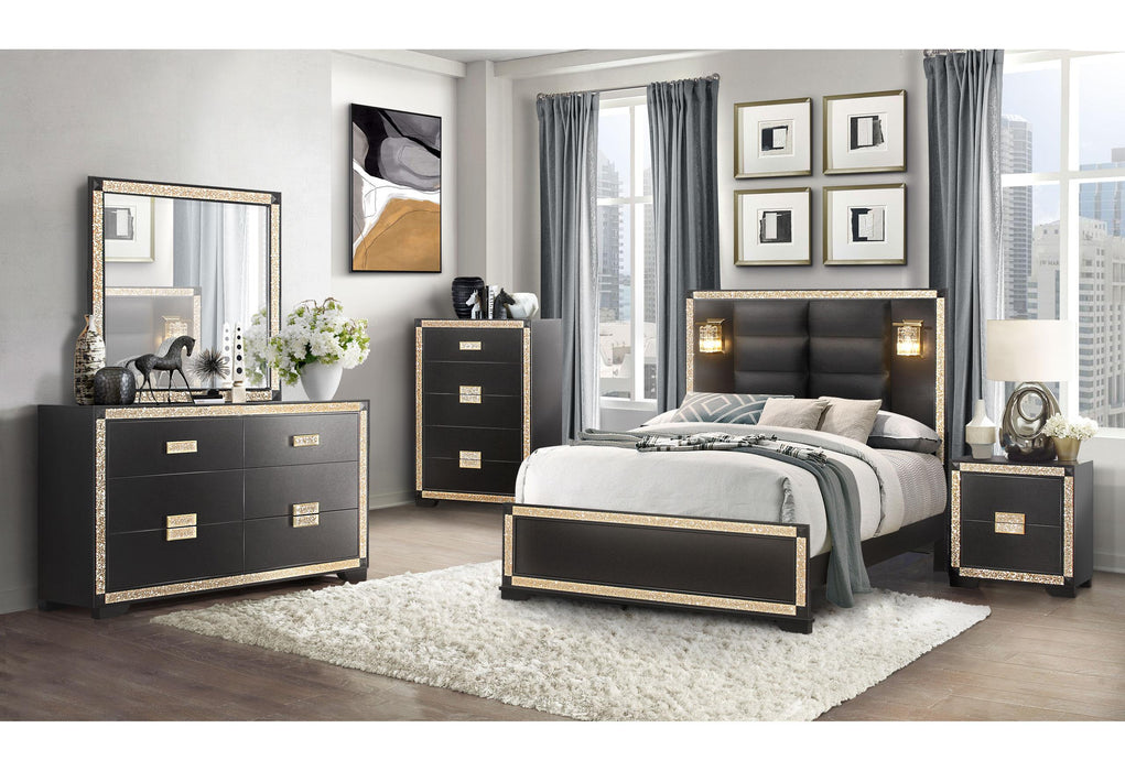 BLAKE BLACK/GOLD QUEEN BED WITH LAMPS, DRESSER, MIRROR, NIGHTSTAND - Furniture Stars (Chicago, IL)