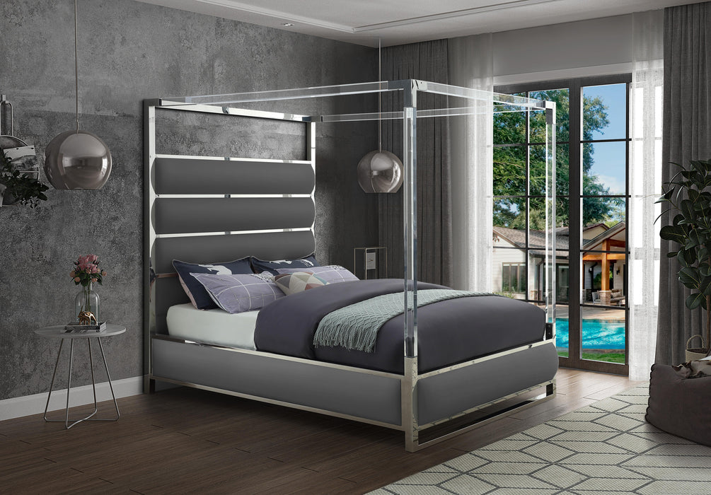 Encore Grey Faux Leather Queen Bed (4 Boxes) - Furniture Stars (Chicago, IL)