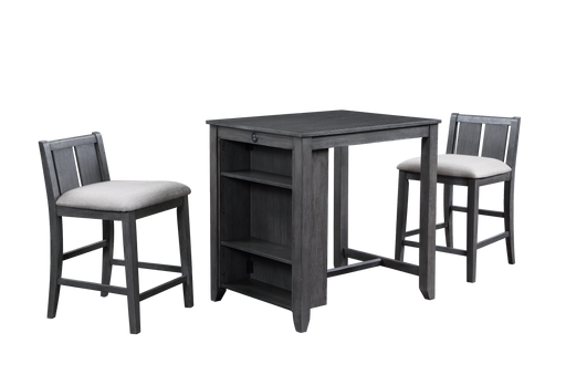 HESTON 36" STORAGE COUNTER TABLE SET W/2 CHAIRS-GRAY - Furniture Stars (Chicago, IL)