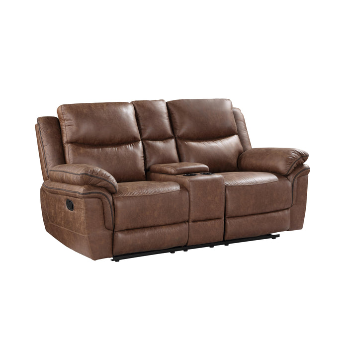 RYLAND CONSOLE LOVESEAT W/ DUAL RECLINERS--BROWN