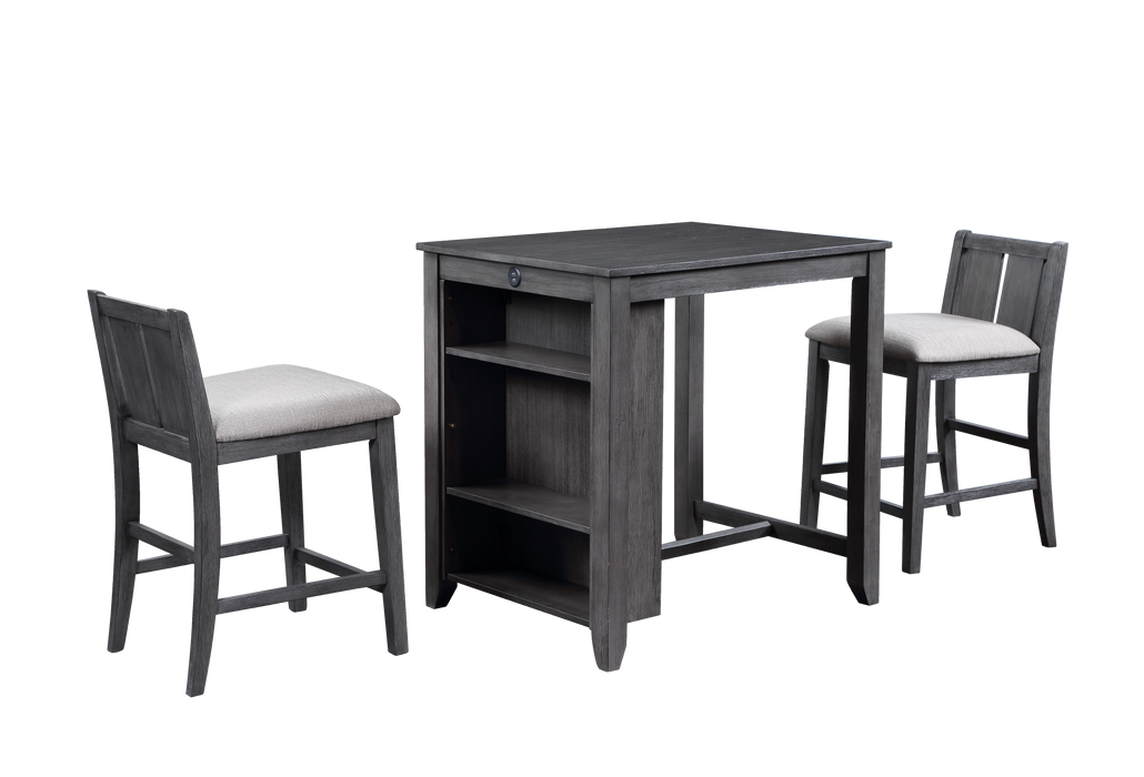 HESTON 36" STORAGE COUNTER TABLE SET W/2 CHAIRS-GRAY - Furniture Stars (Chicago, IL)