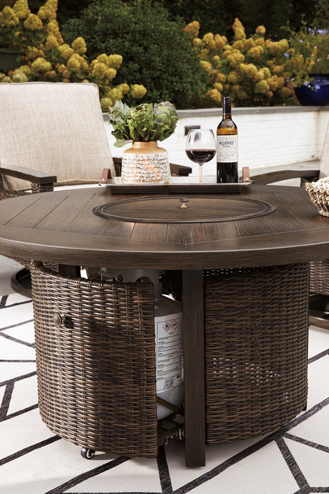 Paradise Trail Paradise Trail Fire Pit Table with 4 Nuvella Swivel Lounge Chairs - Furniture Stars (Chicago, IL)