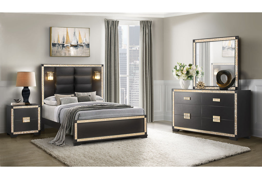 BLAKE BLACK/GOLD QUEEN BED WITH LAMPS, DRESSER, MIRROR, NIGHTSTAND - Furniture Stars (Chicago, IL)