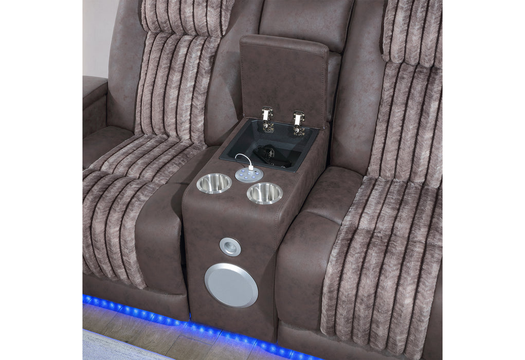 U8000 BROWN PWR CONSOLE REC LOVESEAT W/PHR, LED AND SPEAKER - Furniture Stars (Chicago, IL)
